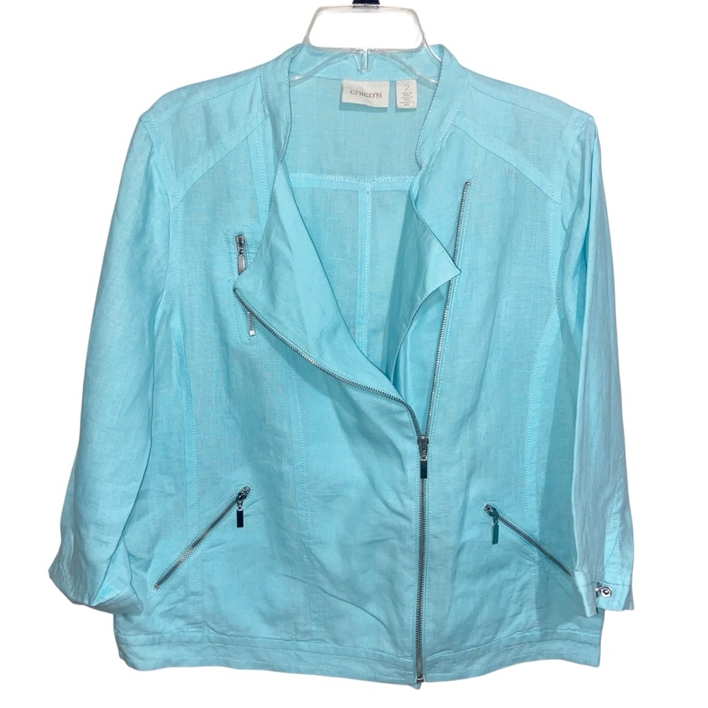 Chicos Jacket Womens Size 2 (Large) Linen Asymmetrical Zip Aqua Resortwear Top